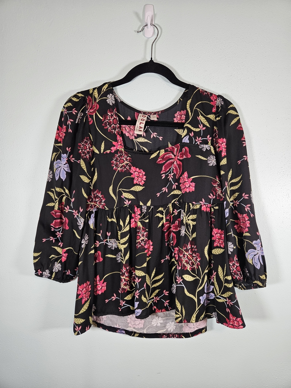 dolan Black Floral Peasant Tunic with Pink & Lavender Blooms